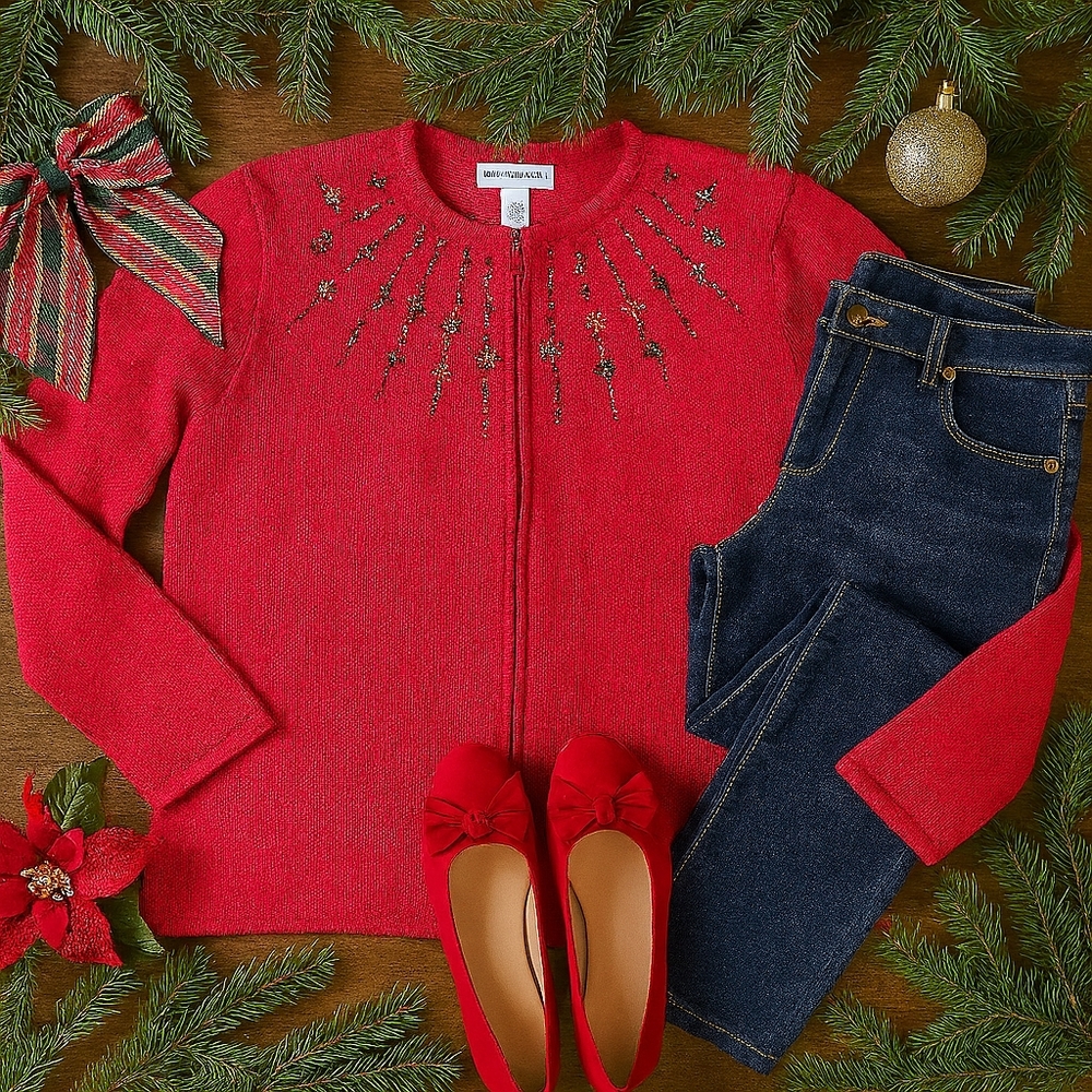 NWT Serengeti Scandia Woods Beaded Holiday Zip Cardigan – Size XL